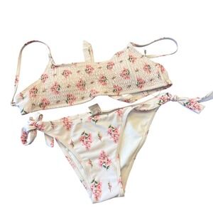 Pick Pink‎ Floral Smocked Bikini Set Tie Side Swimsuit Women's Size Small